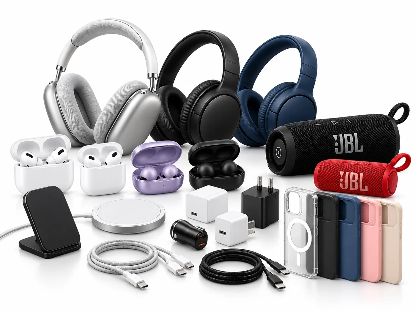 Headphones, earbuds, JBL speakers, chargers, cables and phone cases