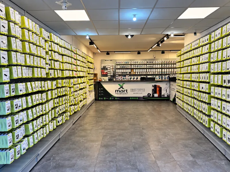 A long aisle with charger and cable stock on both walls
