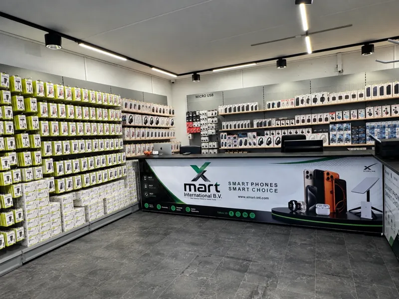 Counter and wall shelves stacked with boxed products